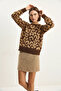 Women's Leopard Patterned Crew Neck Basic Knitwear Brown Camel Sweater - 6