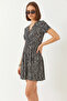 Women's Double Breasted Collar Patterned Short Sleeve Mini Black Dress - 2