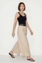Women's High Waist Belted Pleated Detailed Wide Leg Beige Skirt Trousers - 3