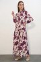 Women's High Collar Gathered Waist Floral Patterned Viscose Dark Pink Hijab Dress - 4