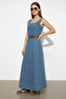 Women's Wide Collar Strap Belted Flared Denim Blue Dress - 2