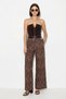 Women's Belted Lycra Shawl Patterned High Waist Wide Leg Brown Trousers