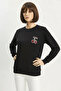 Women's Crew Neck Cherry Stone Embroidered Three Thread Ribbed Black Sweatshirt - 8