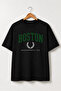 Unisex Black Oversize T-Shirt Short Sleeve Summer Combed Cotton Summer T-Shirt Minimal Boston Green White Printed Black Oversize T-Shirt - 6