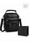 Men's Black Steel Case Genuine Leather Hand and Shoulder Bag with Adjustable Strap (Small Size) and Wallet