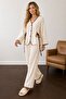 Ecru Brown Ribbed Muslin Long Sleeve Pajama Set with Tie Detail