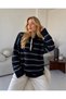 Women's Navy Blue Polo Collar Striped Oversize Knitwear Sweater Nns013 - 5