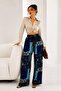 Women's Patterned 100% Viscose Elastic Waist Loose Wide Leg Flowy Casual Trousers - 6