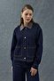 Navy Blue Leather Garni Collar Detailed Denim Jacket