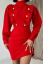 Red Gold Buttoned Dress - 3
