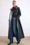 Removable Leopard Pattern Fur Long Leather Trench Coat Black 6893 - 2