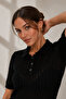 Women's Black Short Sleeve Polo Collar Buttoned Openwork Knitwear Blouse 23070 - 6