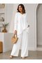 Women's Linen V-Neck Asymmetrical Cut Blouse and Wide-Leg Trousers Two-Piece Set