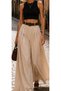 Women's white flowy trousers skirt high waist belted loose fit - 2