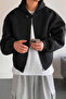 Men's Black Oversize Sweatshirt with Front Buttons and Zipper, Three Thread Ribbed Design