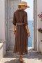 Italian Brown Shirt Collar Lined Skirt Ruffle Belted Embroidered Silk Long Woven Dress 123 56 - 8