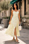 Women's Yellow Floral Patterned Tie-Strap Slit Long Dress - 5