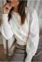 Women's Ecru Buttoned Knitwear Blouse Poplin Long Ribbed Balloon Sleeves Openwork High Neck Waist Length Stylish Cardigan - 3