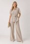 Women's Cream Stone Buttoned Double Suit Linen Belted Wide Leg Pants with Shirt Summer Set Bohemian