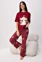 Bordo %100 Pamuklu Kurdele ve Yıldız Baskılı Örme Pijama Takımı THMAW26PT00116 - 2