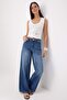 Premium Orta Mavi Özel Kumaş DÖKÜMLÜ Yüksek Bel %100 Pamuk Wide Leg Jeans TWOSS26JE00136 - 2