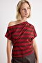 Brown-Red Striped Cotton Regular Fit Asymmetric Collar Knitted T-Shirt Twoaw27Ts00007 - 2