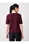 Burgundy Polo Collar Short Sleeve Striped Knitwear Blouse - 5