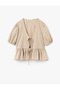 V Neck Short Balloon Sleeve Striped Blouse with Lace Detail - 3