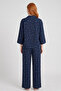 Navy Blue Viscose Woven Pajama Set with Ribbon/Bow and Flowers - 4