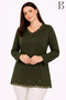 Relaxed Cut V-Neck Hem Tulle And Pearl Embroidered Khaki Mother Combed Cotton Blouse - 2
