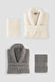 4 Piece Striped Bathrobe Set 100% Cotton Certified Family Towel Bathrobe Set Dowry Set Gray Cream - 2