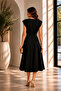 Stretchy Crepe Fabric Degaje Collar Padded Shoulders Gold Accessories Flared Cut Midi Length Black Dress 77129 - 4