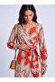 Women's Red Patterned Midi Dress – Double Breasted Collar, Belted and Feminine Cut |   Frn Line - 3