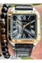 Black Leather Cord, yellow Square Case, with calendar, Roman Numeral Dial Men's Wrist Watch with Bracelet Gift - 6