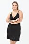 Women's Large Size V-Neck Lycra Viscose Fabric Lace Satin Look Model Strap Nightgown Black - 2