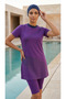 2154_Women's Printed Boneli Semi-Closed Strappy Covered Bustier Lined 3-Piece Hijab Swimsuit Set - Purple - 2