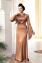 Stone Embroidered Camel Hijab Satin Evening Dress 5337C - 5