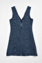 Women's V-Neck Sleeveless Blue Mini Denim Dress - 3