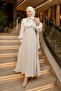 Stone-Embellished Evening Dress with Stone-Embellished Sleeves and Tie Collar - 2