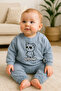 Two-piece set featuring a teddy bear embroidery design with glasses, and snap closures at the shoulders.