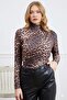 Leopard Patterned Draped High Neck Blouse - 3