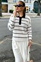 Bone Color Striped Polo Neck Women's Sweater Mg2476