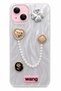 iPhone 13 / 14 Stone Case with Pearl Necklace Detail, Marbling Effect, 3D Heart and Motif Charm Cover