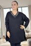 Stone Embellished V-Neck Slit Long Loose Fit Viscose Fabric Extra Large Size Bluz