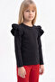 Girl's Black Shoulder Ruffle Cotton Top Crew Neck Body Sweatshirt October 29 Show Outfit - 7