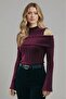 Women's New Product Burgundy Modanna Collar Spanish Sleeve Turtleneck Wrinkled Fabric Blouse - 3