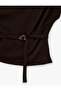 Slim Fit Asymmetrical Drape Collar Sleeveless Crepe Blouse with Metal Accessories and Belt - 8