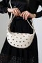 Cream Women's Bag with Half Moon Shape, Gold Accessories, Stitched Details, Stylish Handbag with Shoulder and Crossbody Straps - 5
