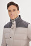 Men's Beige Standard Fit Regular Cut Stand Collar Snap Fastener Side Pocket Color Block Puffer Jacket - 4