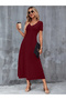 Burgundy Short Sleeve Midi Dress with Pockets - 5